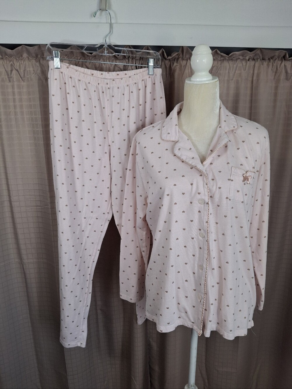 2 Piece Laura Ashley Pink Pajama Set Heart Print Straight Pants Shirt Size XL
